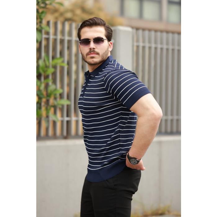 Erkek Fermuar Yakalı çizgili Kısa Kollu T-shirt
