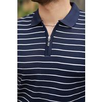 Erkek Fermuar Yakalı çizgili Kısa Kollu T-shirt