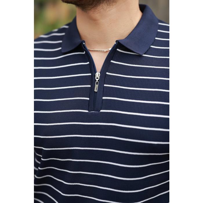 Erkek Fermuar Yakalı çizgili Kısa Kollu T-shirt