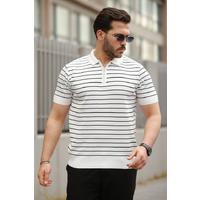 Erkek Fermuar Yakalı çizgili Kısa Kollu T-shirt