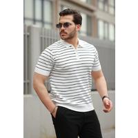 Erkek Fermuar Yakalı çizgili Kısa Kollu T-shirt