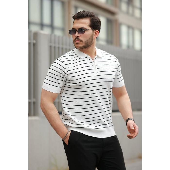 Erkek Fermuar Yakalı çizgili Kısa Kollu T-shirt