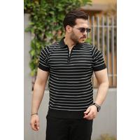 Erkek Fermuar Yakalı çizgili Kısa Kollu T-shirt