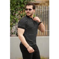 Erkek Fermuar Yakalı çizgili Kısa Kollu T-shirt