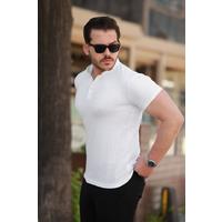 Erkek Hakim Yaka Dokuma Pamuklu Kumaş Kısa Kollu T-shirt