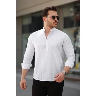 Erkek Hakim Yaka Yarım Düğmeli Keten Gömlek