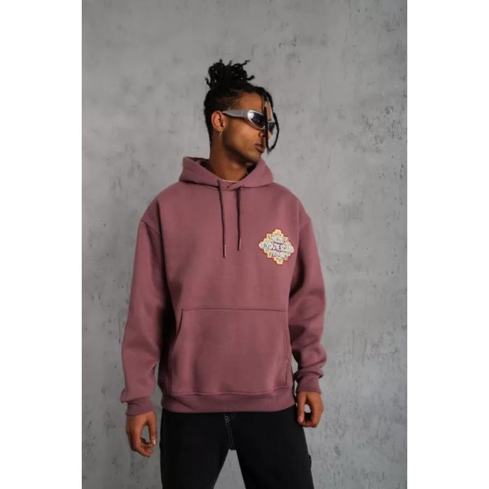 Erkek Kilim Desen Kapüşonlu Sweat - Gül Kurusu