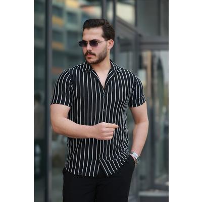 Erkek Kısa Kollu Beyaz çizgi Desenli örme Kumaş Pamuklu Gömlek