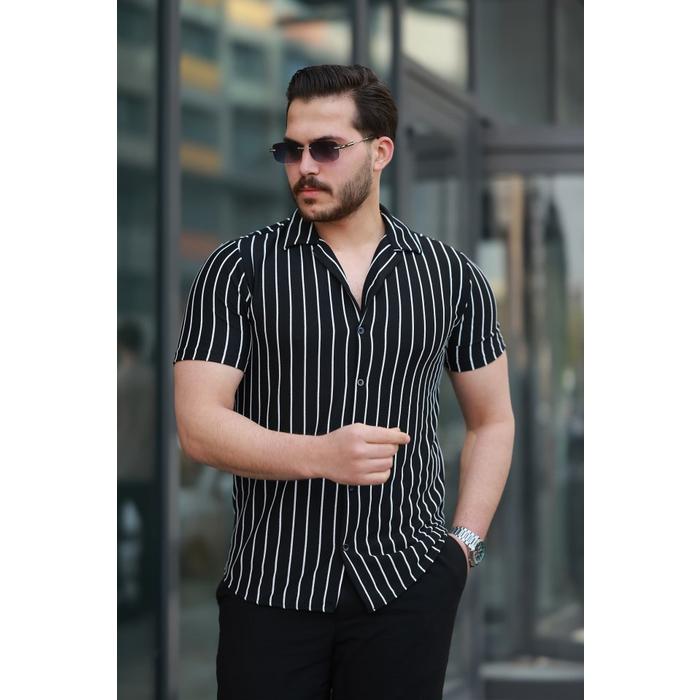 Erkek Kısa Kollu Beyaz çizgi Desenli örme Kumaş Pamuklu Gömlek