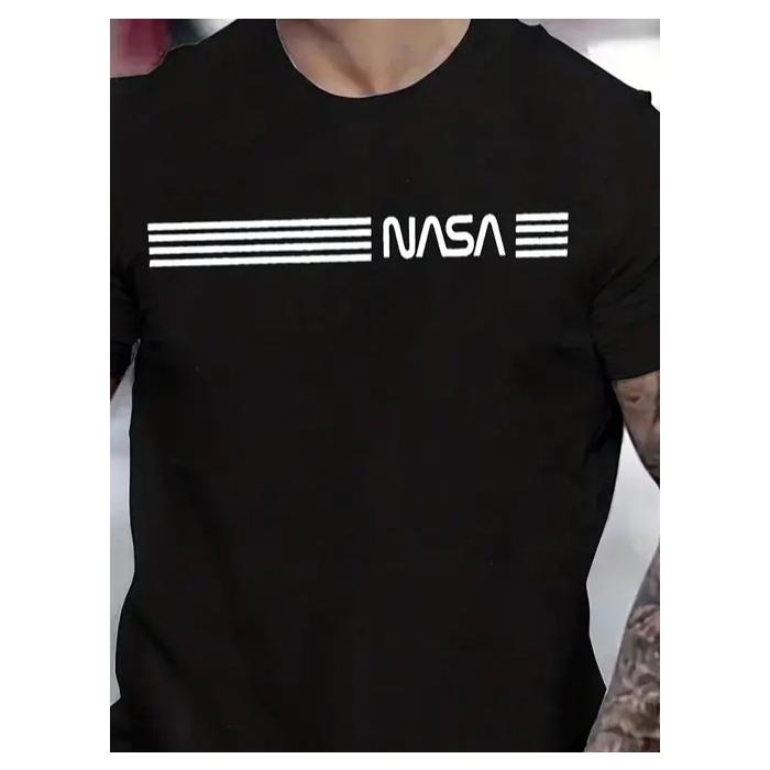 Erkek Kısa Kollu NASA Baskı Bisiklet Yaka T-shirt