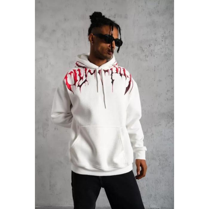 Erkek Ön Ve Arka Baskılı Kapüşonlu 3 İplik Sweatshirt - Beyaz