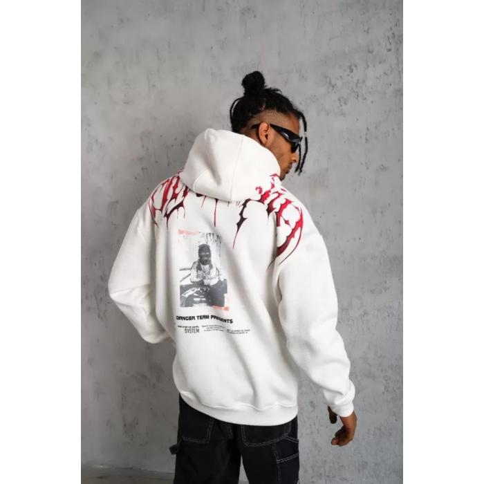 Erkek Ön Ve Arka Baskılı Kapüşonlu 3 İplik Sweatshirt - Beyaz