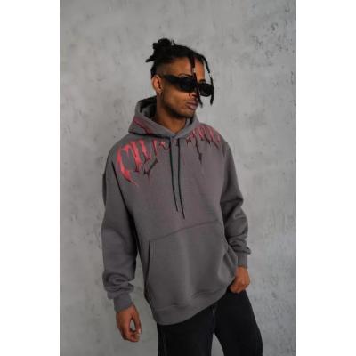 Erkek Ön Ve Arka Baskılı Kapüşonlu 3 İplik Sweatshirt - Füme