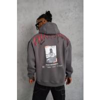 Erkek Ön Ve Arka Baskılı Kapüşonlu 3 İplik Sweatshirt - Füme