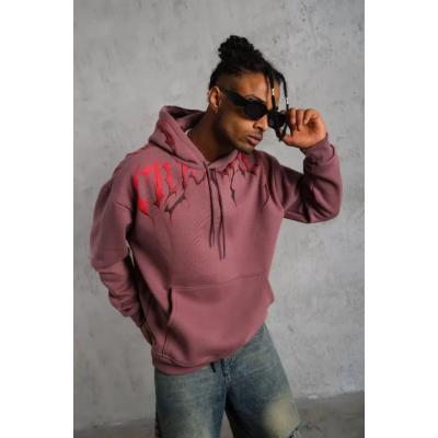 Erkek Ön Ve Arka Baskılı Kapüşonlu 3 İplik Sweatshirt - Gül Kurusu
