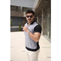 Erkek Polo Yaka Fermuar Detaylı Çizgili Tişört
