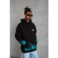 Erkek Üç İplik İçi Pamuklu Alev Baskılı Kapüşonlu Sweatshirt - Siyah