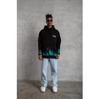 Erkek Üç İplik İçi Pamuklu Alev Baskılı Kapüşonlu Sweatshirt - Siyah