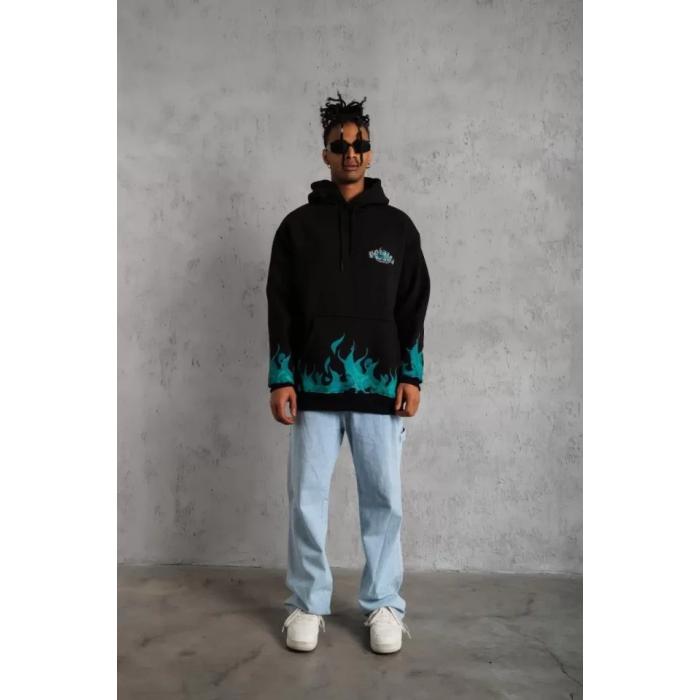 Erkek Üç İplik İçi Pamuklu Alev Baskılı Kapüşonlu Sweatshirt - Siyah