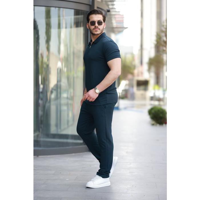Erkek Yakalı Fermuarlı T-shirt Pantolon Ikili Rahat Takım
