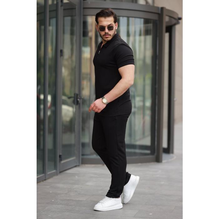 Erkek Yakalı Fermuarlı T-shirt Pantolon Ikili Rahat Takım