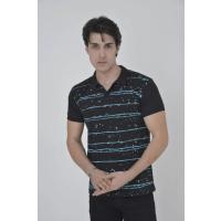 Erkek Yakalı Slim Fit Pike Çizgili T-Shirt - Siyah