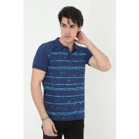 Erkek Yakalı Slim Fit Pike Çizgili T-Shirt - Mavi