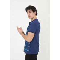 Erkek Yakalı Slim Fit Pike Çizgili T-Shirt - Mavi
