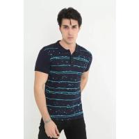 Erkek Yakalı Slim Fit Pike Çizgili T-Shirt - Lacivert