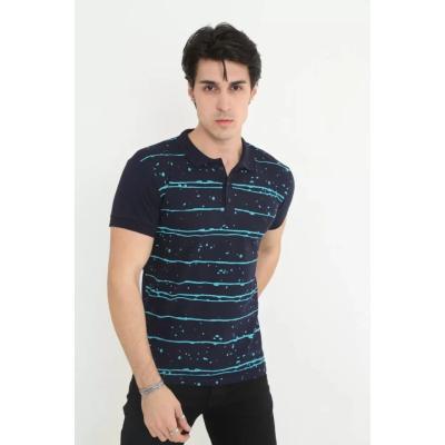 Erkek Yakalı Slim Fit Pike Çizgili T-Shirt - Lacivert