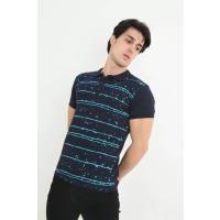 Erkek Yakalı Slim Fit Pike Çizgili T-Shirt - Lacivert