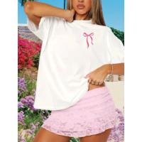 Fiyonk Baskılı Oversize Bisiklet Yaka T-shirt - Beyaz