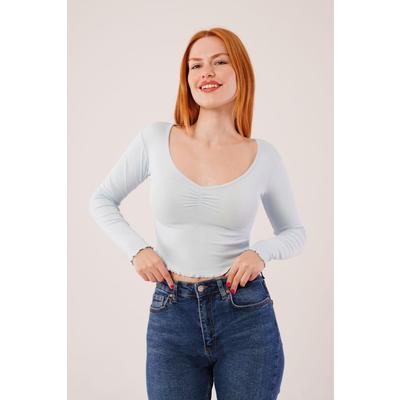 Geniş Yaka Bebe Mavisi Basic Body Bluz