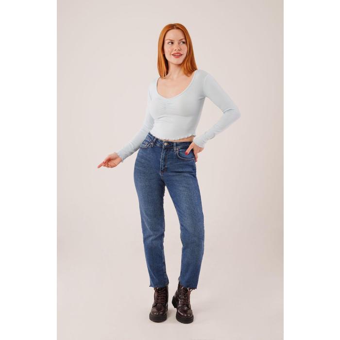 Geniş Yaka Bebe Mavisi Basic Body Bluz