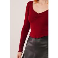 Geniş Yaka Bordo Basic Body Bluz