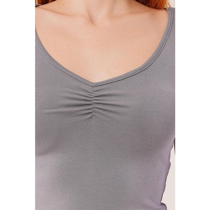 Geniş Yaka Gri Basic Body Bluz