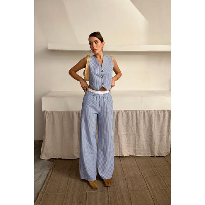 GOFRE ÇİZGİLİ YELEK - PANTOLON TAKIM - Mavi