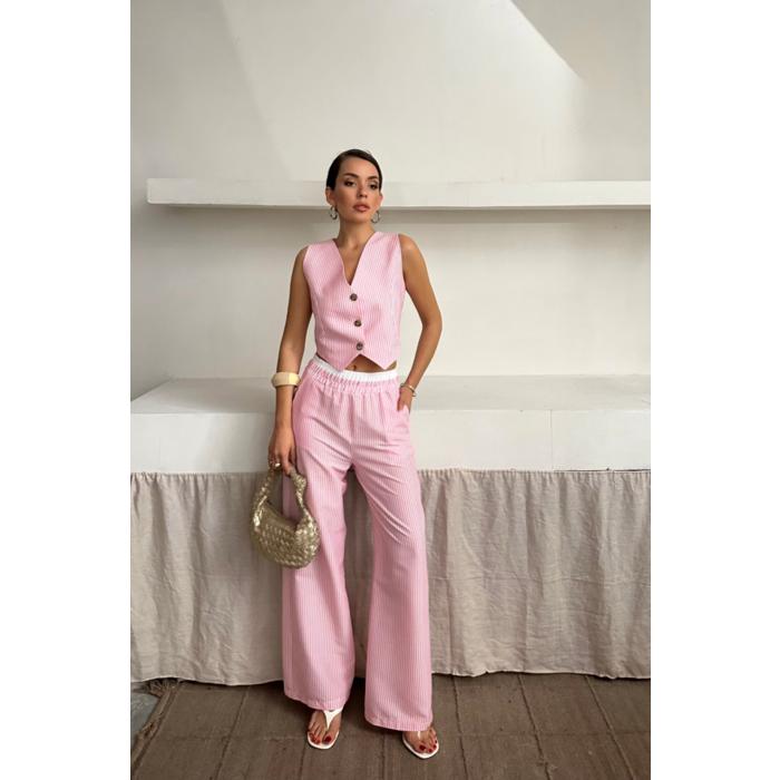 GOFRE ÇİZGİLİ YELEK - PANTOLON TAKIM - Pembe