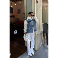 İçi Kürklü Deri Garnili Denim Görünümlü Ceket 6116
