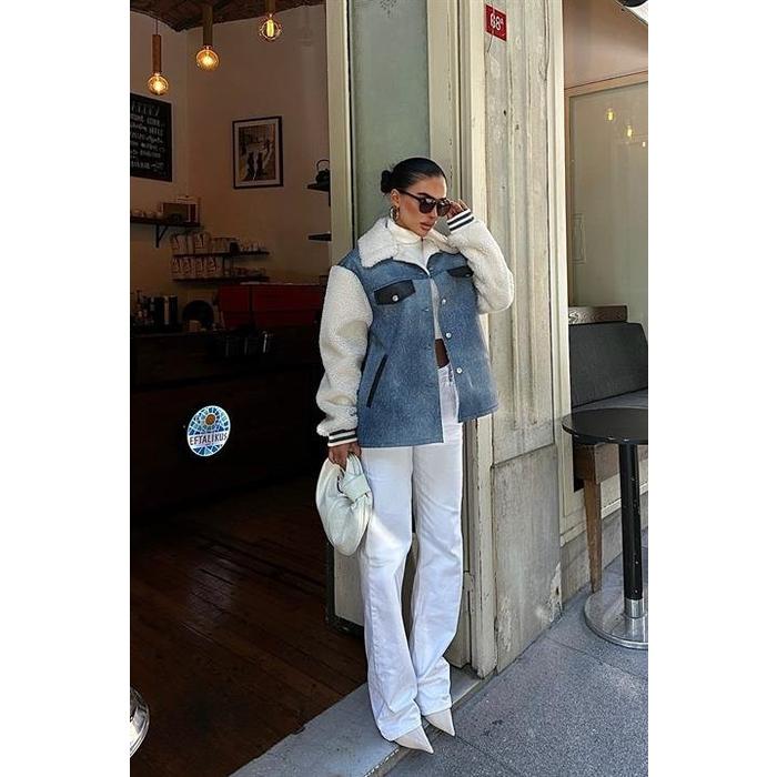 İçi Kürklü Deri Garnili Denim Görünümlü Ceket 6116
