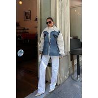 İçi Kürklü Deri Garnili Denim Görünümlü Ceket 6116