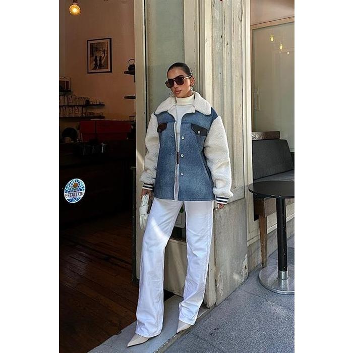 İçi Kürklü Deri Garnili Denim Görünümlü Ceket 6116