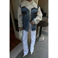 İçi Kürklü Deri Garnili Denim Görünümlü Ceket 6116