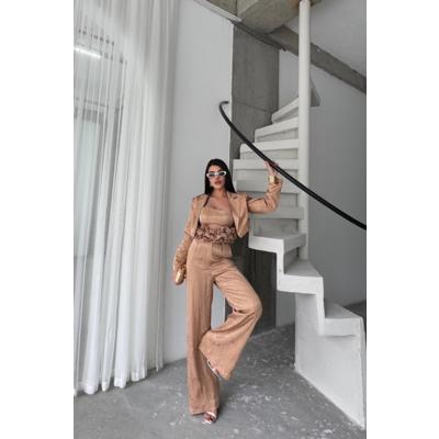 JAKARLI BLUZU TASARIM DETAYLI CEKET-PANTOLON-BLUZ 3 LÜ TAKIM - Bej