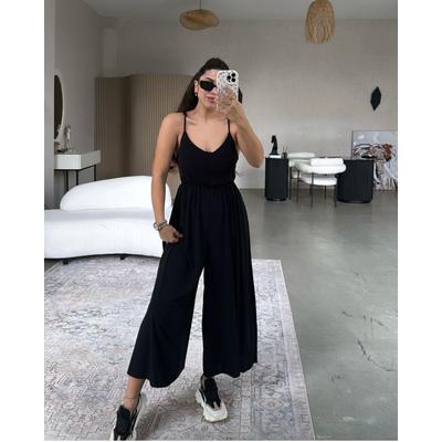 Kadın Ayarlı Çapraz İnce Askılı Bol Paça Rahat Kesim Tulum