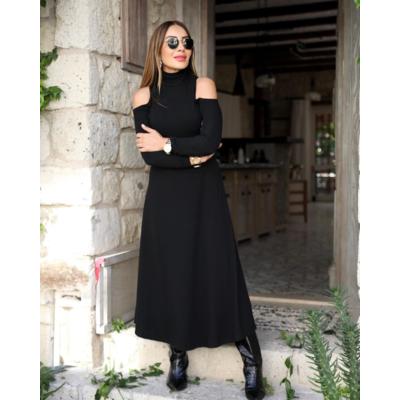 Kadın Balıkçı Yaka Omuzlardan Açık Uzun Kollu Janjan Krep Elbise