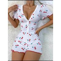 Kadın Göğüs Dekolteli Pinterest Kiraz Desen Full Likralı şort Tulum