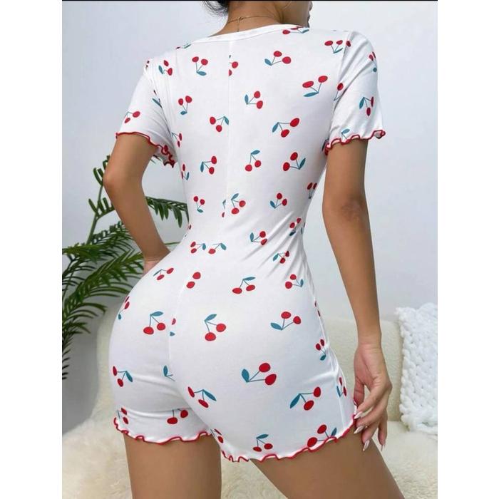 Kadın Göğüs Dekolteli Pinterest Kiraz Desen Full Likralı şort Tulum