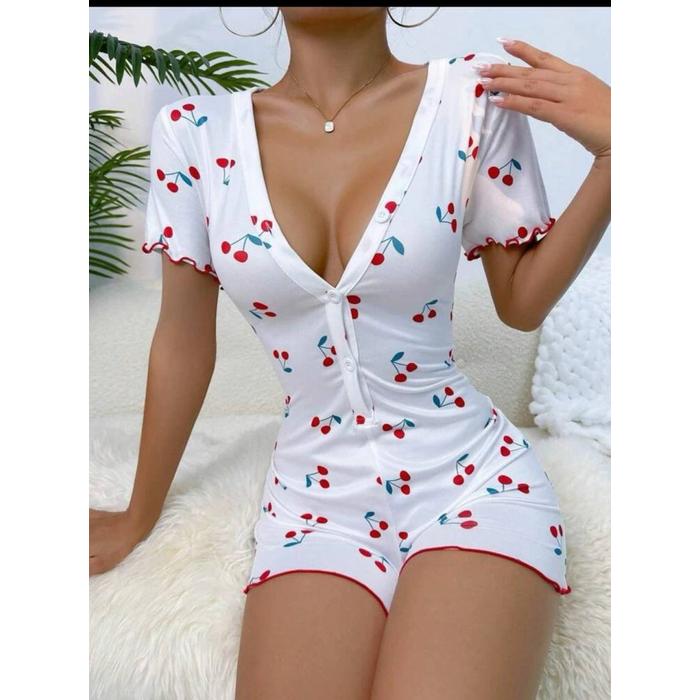 Kadın Göğüs Dekolteli Pinterest Kiraz Desen Full Likralı şort Tulum