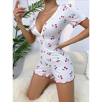 Kadın Göğüs Dekolteli Pinterest Kiraz Desen Full Likralı şort Tulum